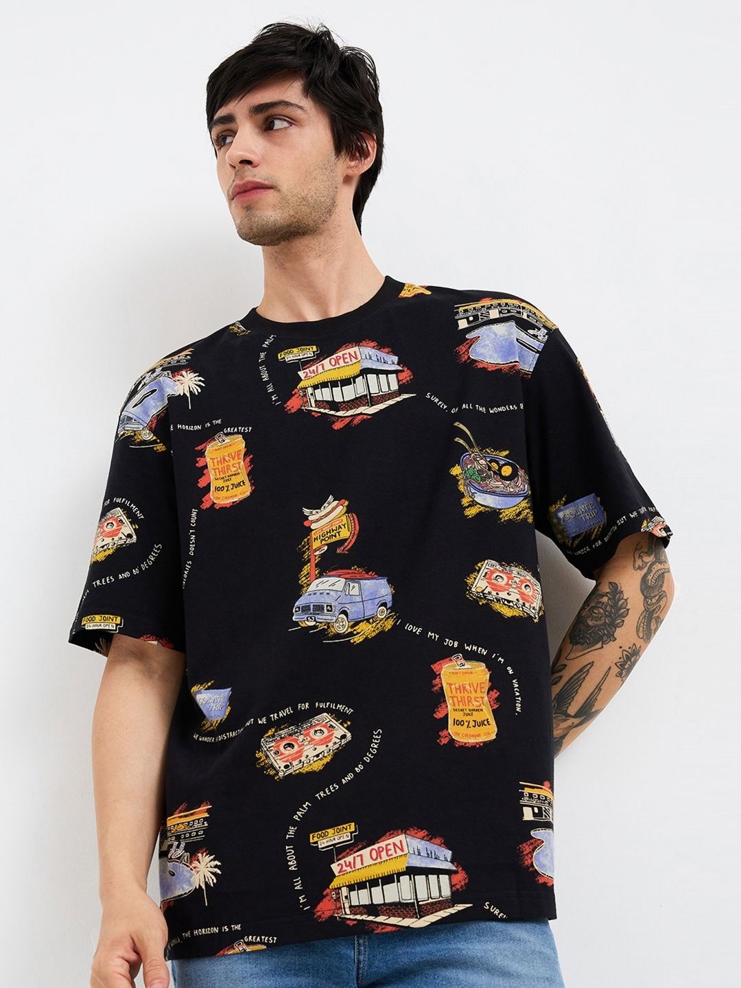 SPYKAR Men Conversational Printed Round Neck Cotton Relaxed Fit T-shirt