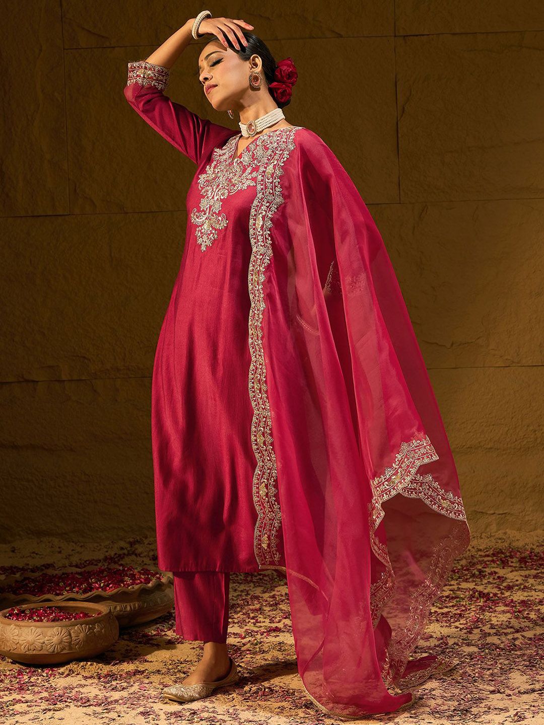 Indo Era Ethnic Motifs Embroidered Thread Work Liva Straight Kurta With Trousers & Dupatta
