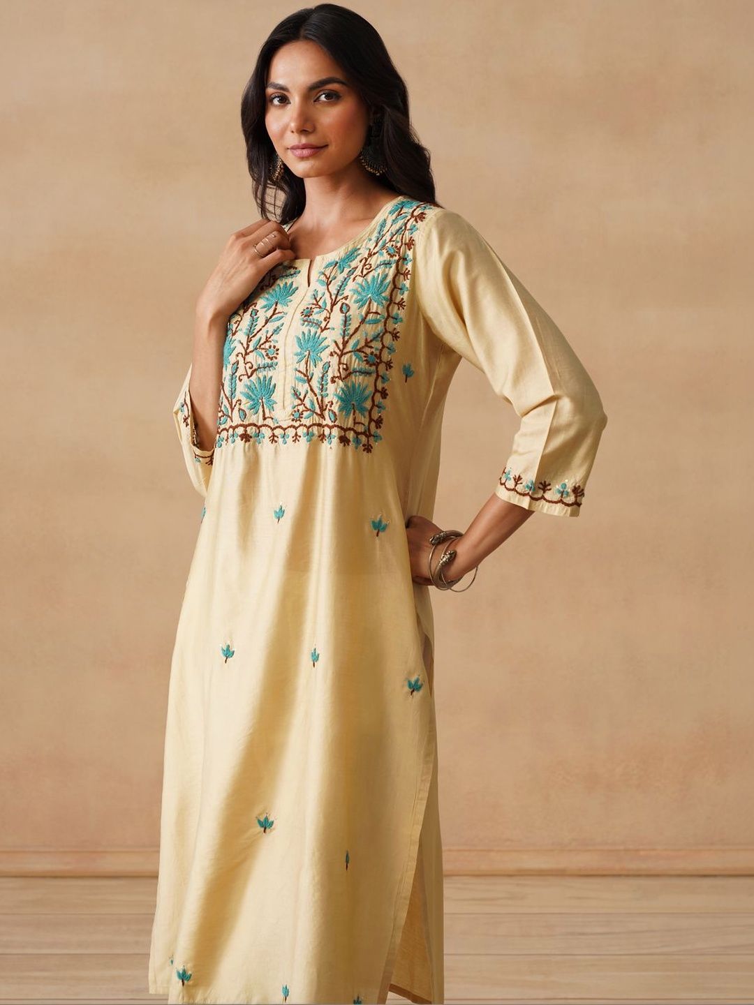 House of Chikankari Women Solid Beige Cotton Kurta