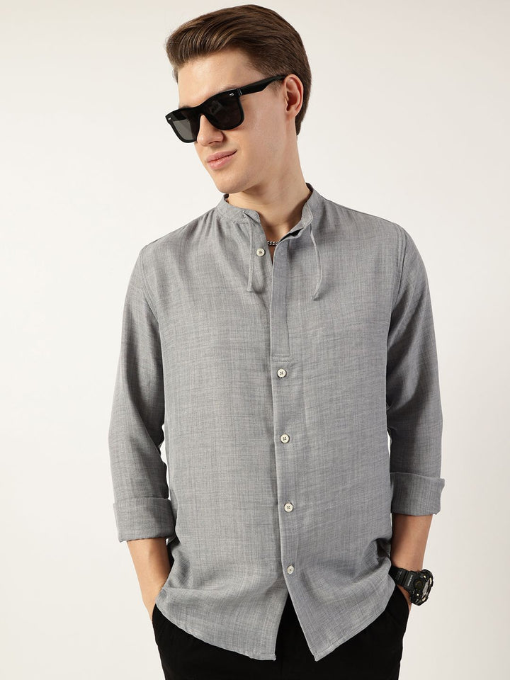 Thomas Scott Men Classic Mandarin Collar Solid Slim Fit Casual Shirt