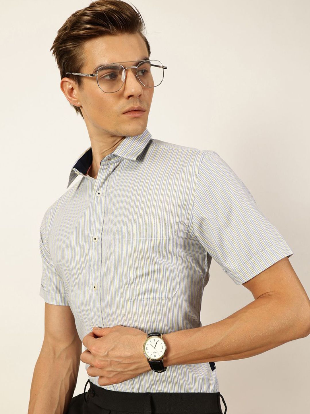 Thomas Scott Men Smart Spread Collar Pinstripes Striped Cotton Formal Shirt