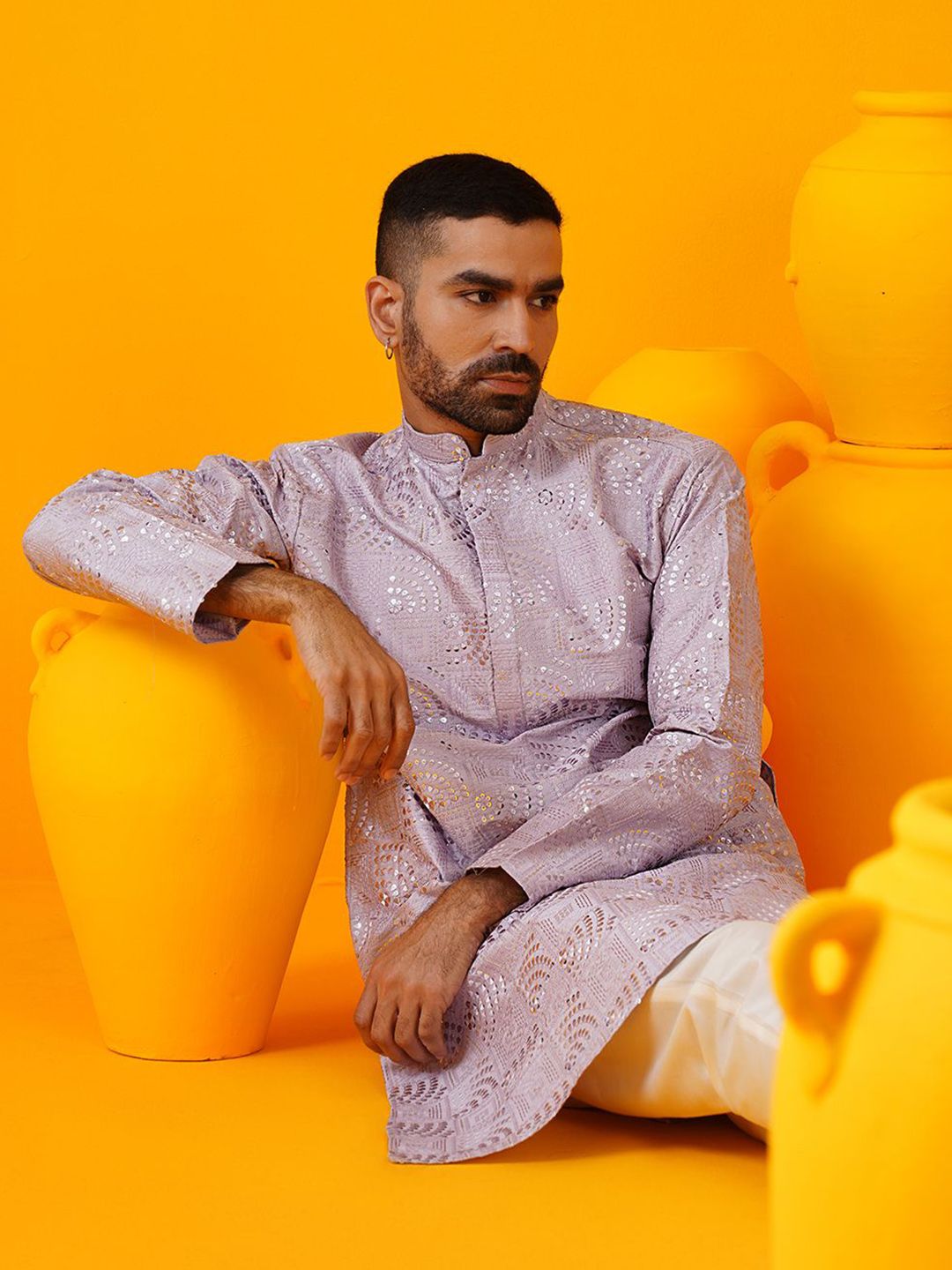 SOJANYA LUXE Geometrik Sulam Kolar Mandarin Benang Kerja Kurta Lurus