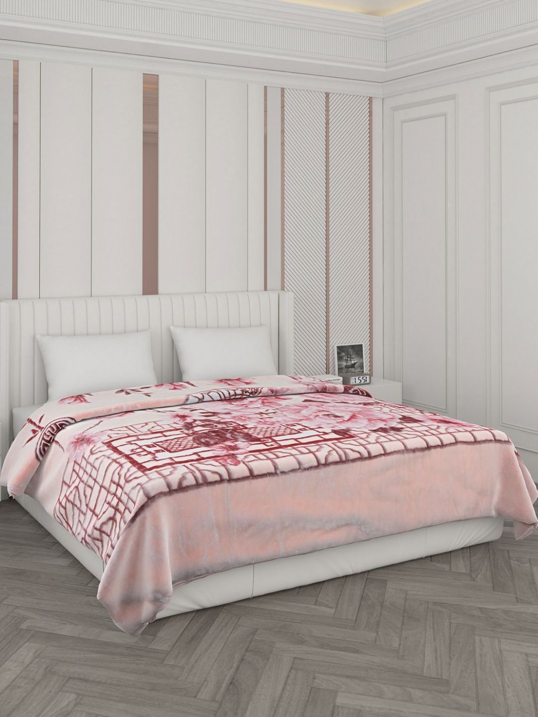 Monte Carlo Peach & White Floral Printed Heavy Winter 1000 GSM Double Bed Blankets