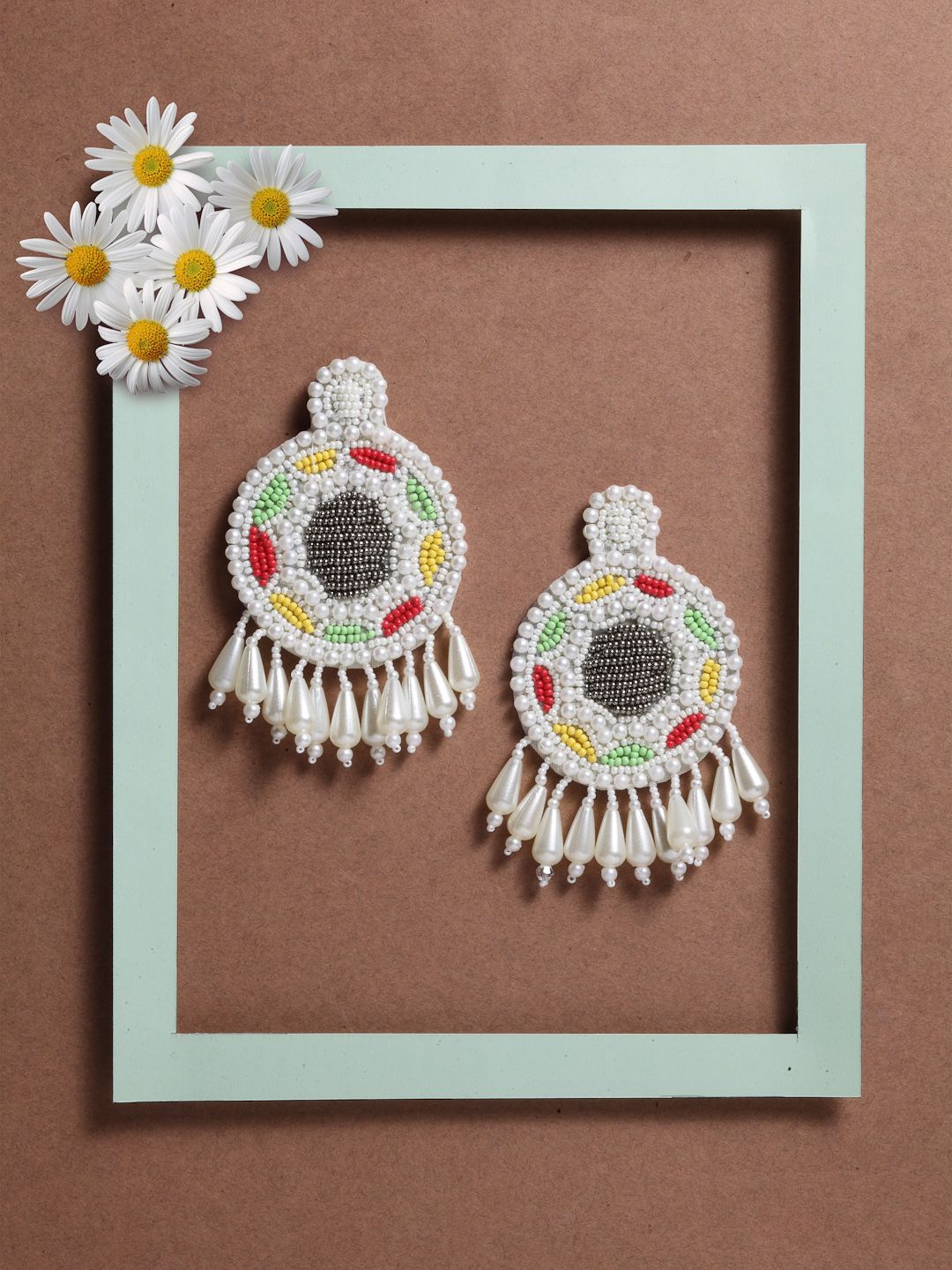 DressBerry Gold-Plated Contemporary Stone Studded & Beaded Drop Earrings