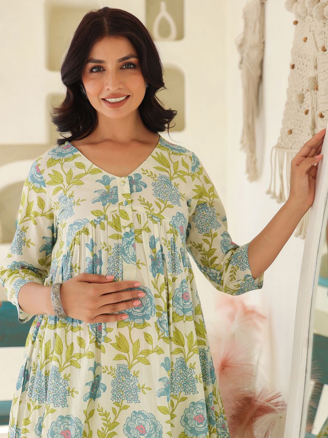 Janasya Women's Off White Pure Cotton Floral Printed A-line Maternity Kurta