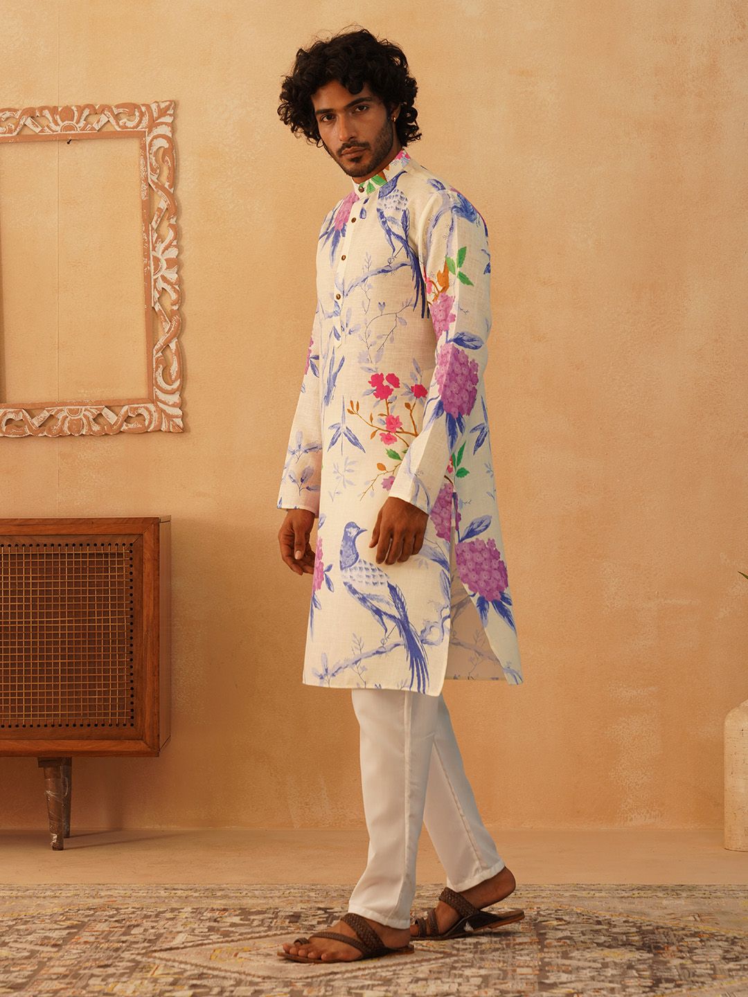 Jompers Floral Printed Pure Cotton Mandarin Collar Kurta With Trousers