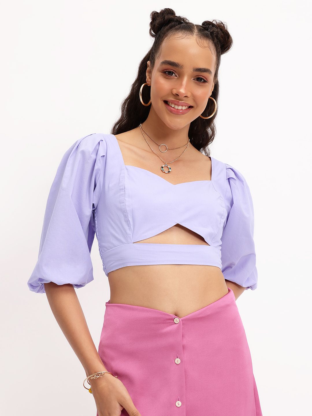 DressBerry Feminine Chic Cutesy Cut-Out Smocked Crop Top