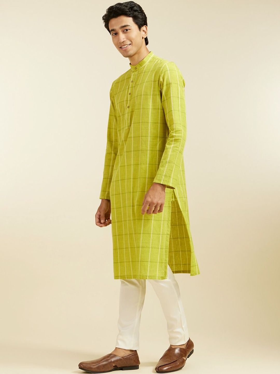 Diwas by Manyavar Checked Mandarin Collar Cotton Straight Kurta