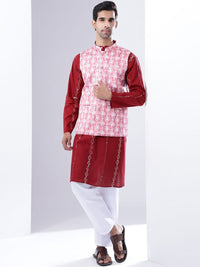 Anouk Men Sulam Kurta Kapas Tulen dengan Piyama & jaket Nehru