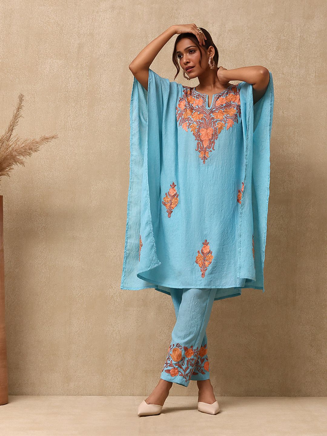 House of Chikankari Women Sky Blue Cotton Aari Embroidered Kaftan Set
