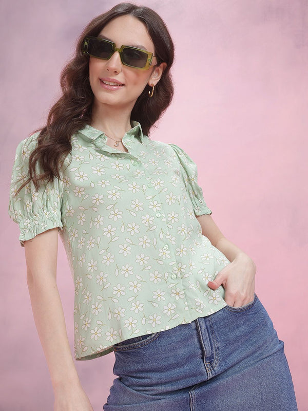 Dressberry Floral Print Puff Sleeve Shirt Style Top