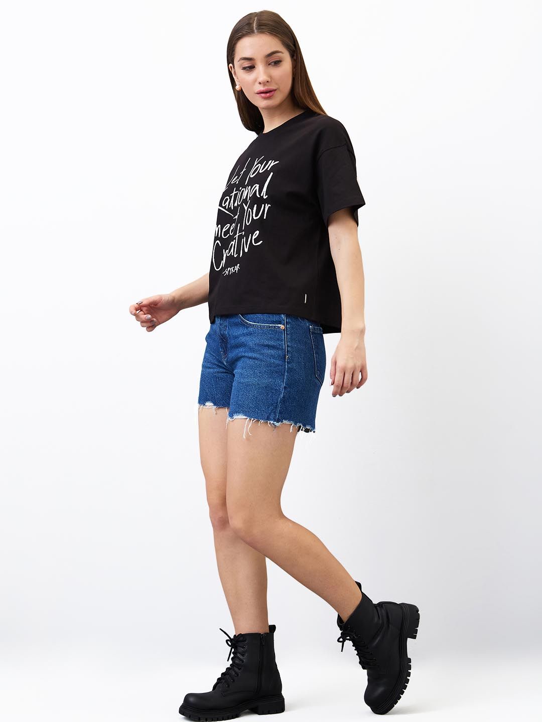 SPYKAR Women Typography Printed Round Neck Cotton Boxy T-shirt