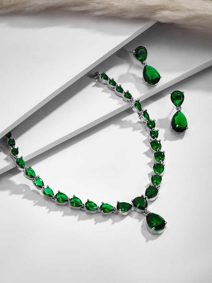 Rubans Rhodium-Plated Crystal Emerald Studded Jewellery Set