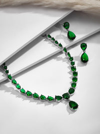 Rubans Rhodium-Plated Crystal Emerald Studded Jewellery Set