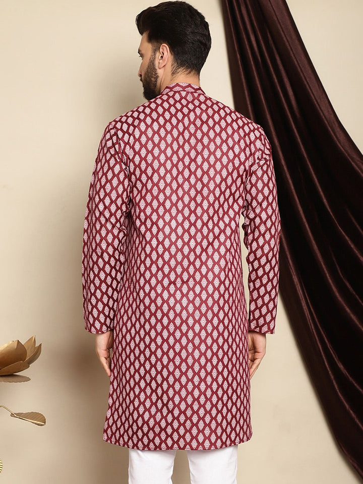 Anouk Maroon Ethnic Motifs Printed Band Collar Cotton Linen Straight Kurta