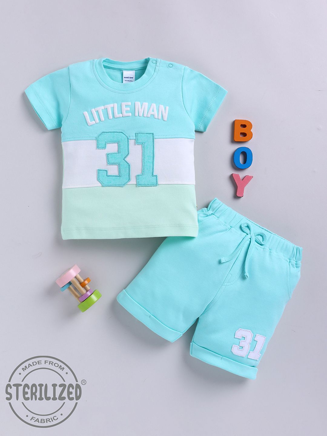 Moms Love Boys Puff Typography Printed & Striped Pure Cotton Clothing Set