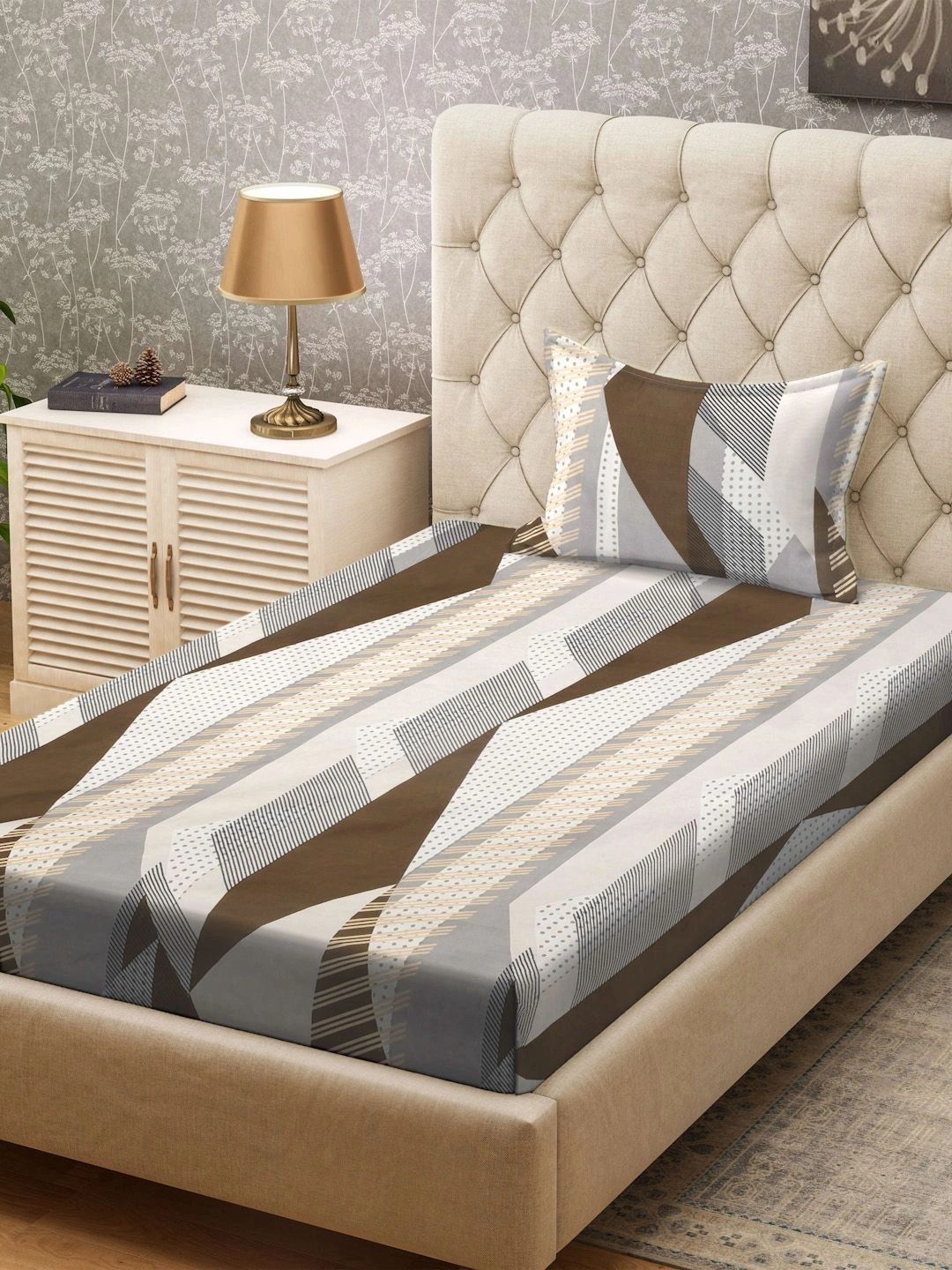 Myntra Elegant Homes White & Brown Geometric 300 TC Single Bedsheet with 1 Pillow Covers