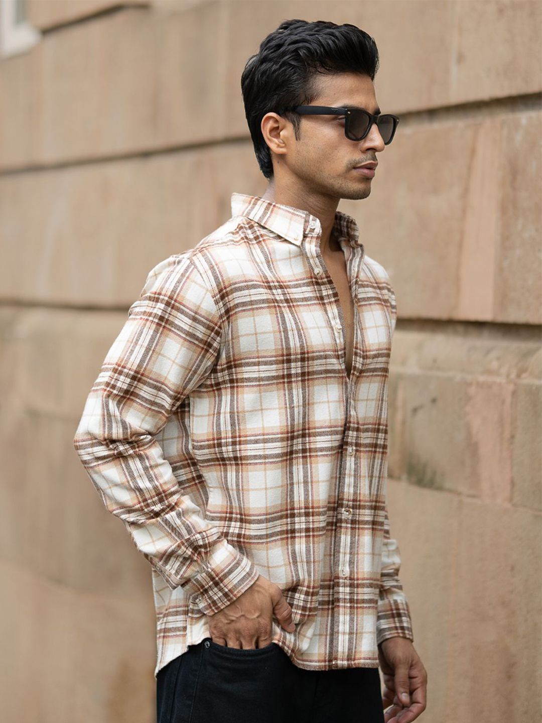 Powerlook Men Tartan Checked Spread Collar Cotton Casual Shirt