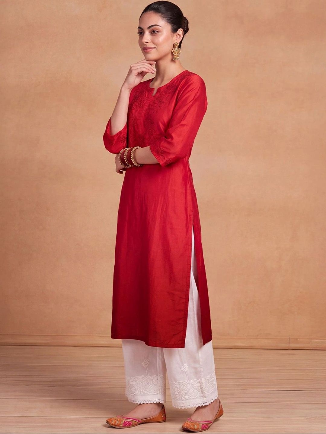House of Chikankari Women Embroidered Thread Work Chanderi Silk Kurta