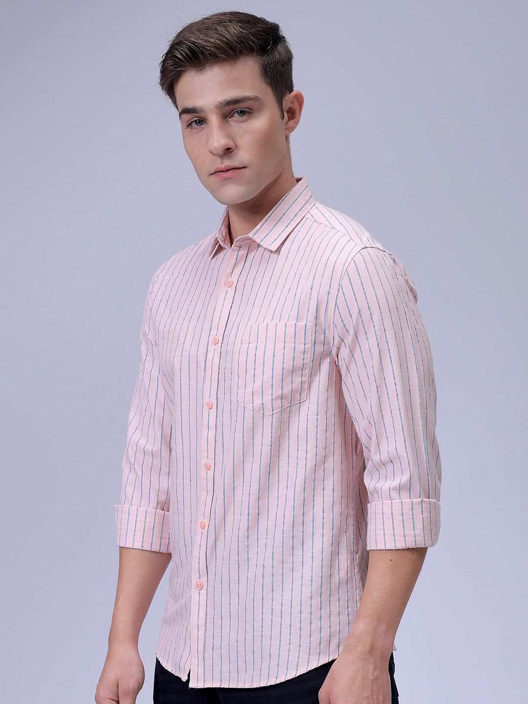 The Indian Garage Co Men Slim Fit Spread Collar Vertical Striped Cotton Casual Shirt