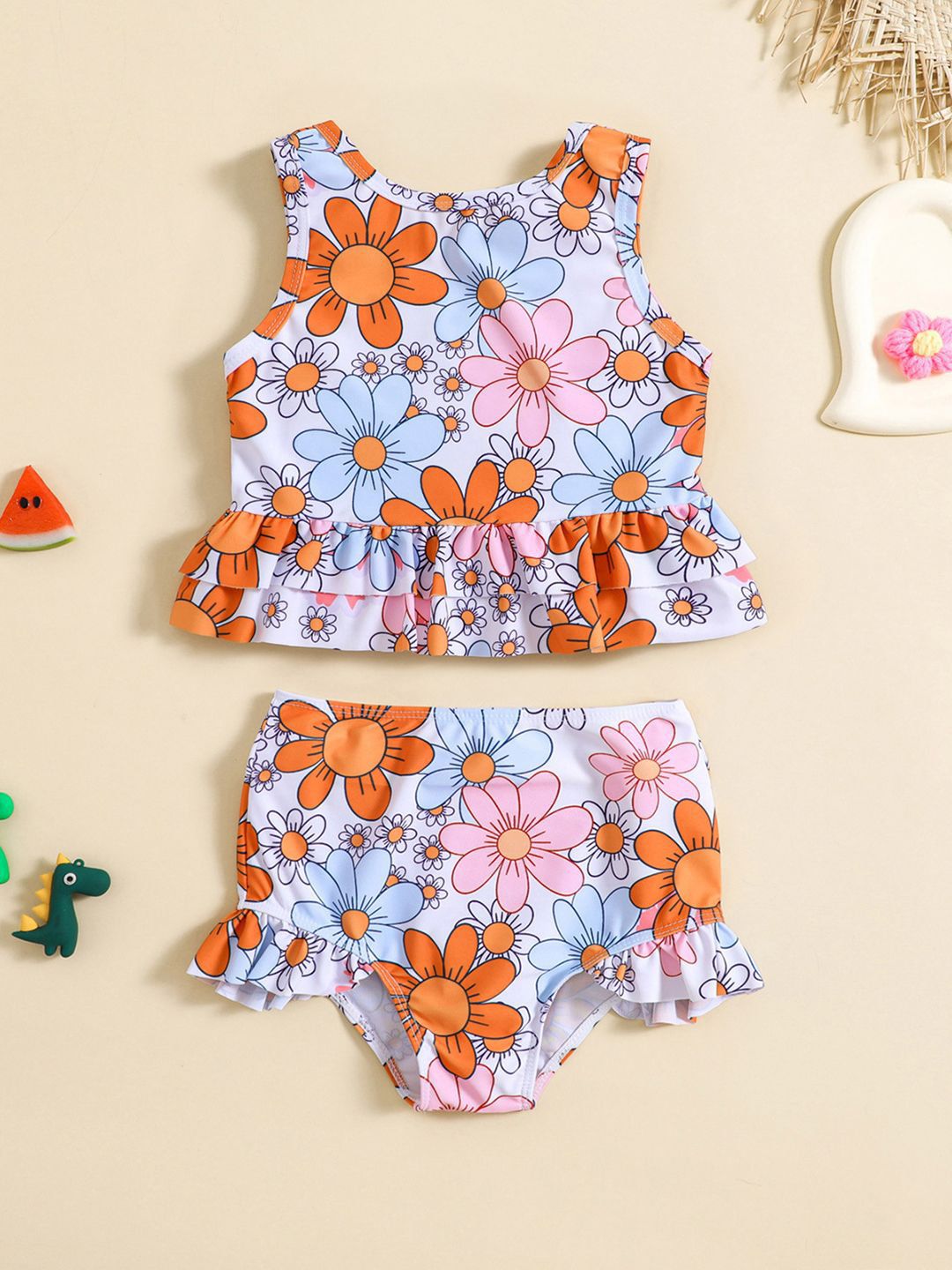 YK Girls Floral Printed Top & Shorts Swim Set