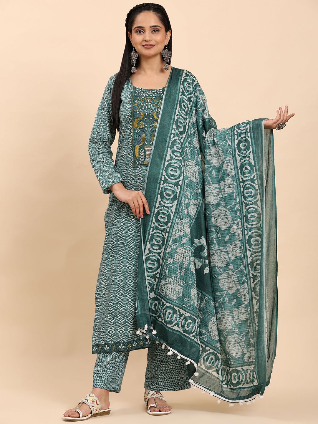 Mamicha Wanita Bercetak Kurta Kapas Tulen Biasa dengan Palazzos & Dengan Dupatta