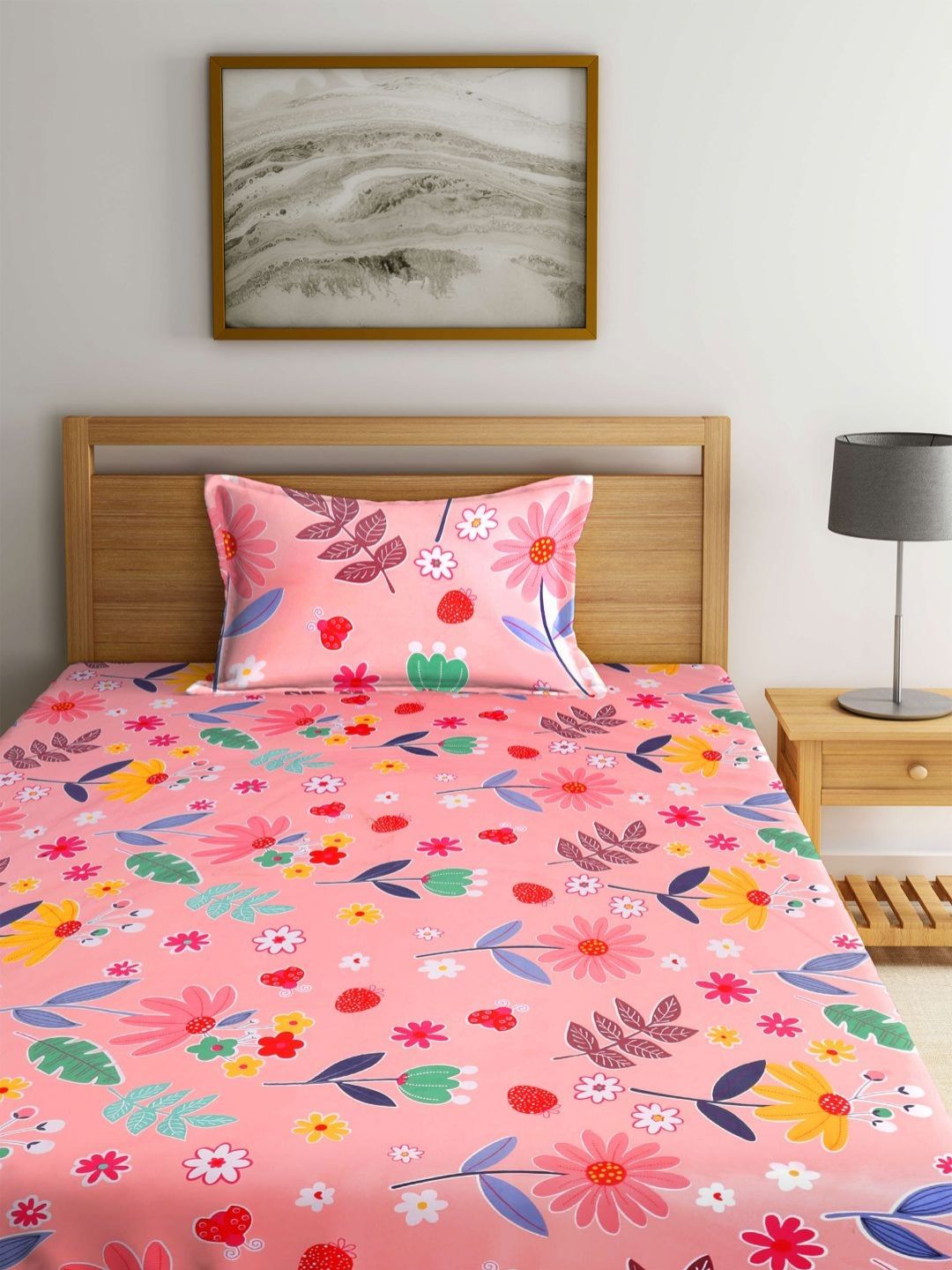 Myntra Elegant Homes Bercetak Bunga Warna Pic 300 TC Set Cadar Bujang 2.2 x 1.5 m
