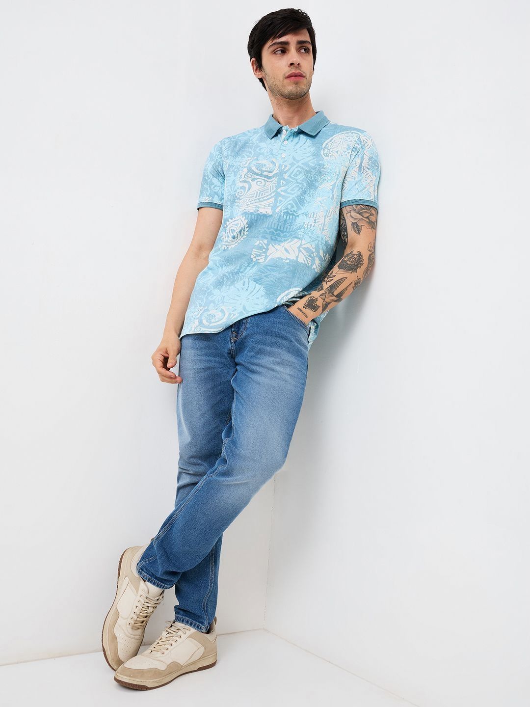 SPYKAR Men Abstract Printed Polo Collar Cotton Slim Fit T-shirt