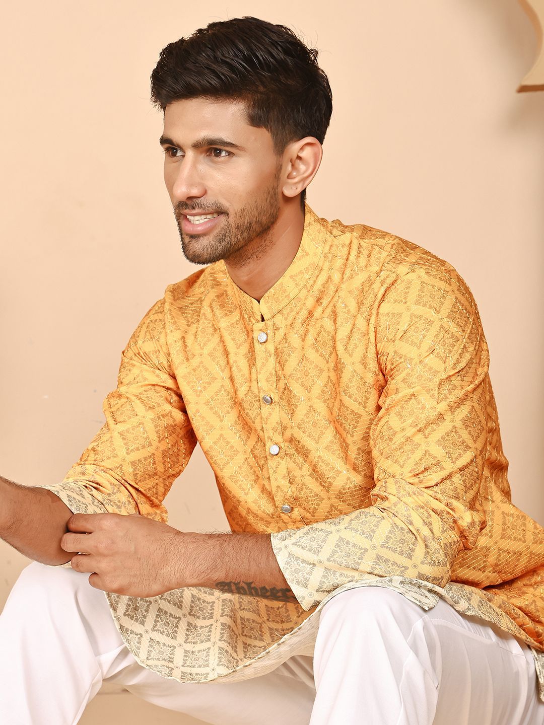 Jompers Floral Printed Chikankari Mandarin Collar Kurta