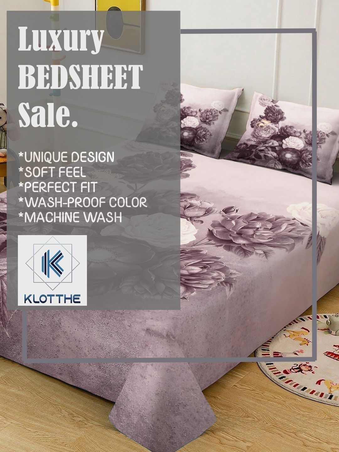 KLOTTHE Purple Floral Printed Flat 300 TC King Fine Bedsheet With 2 Pillow Cover