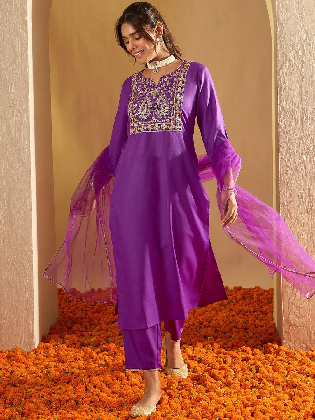 Indo Era Floral Embroidered Liva Straight Kurta With Trousers & Dupatta