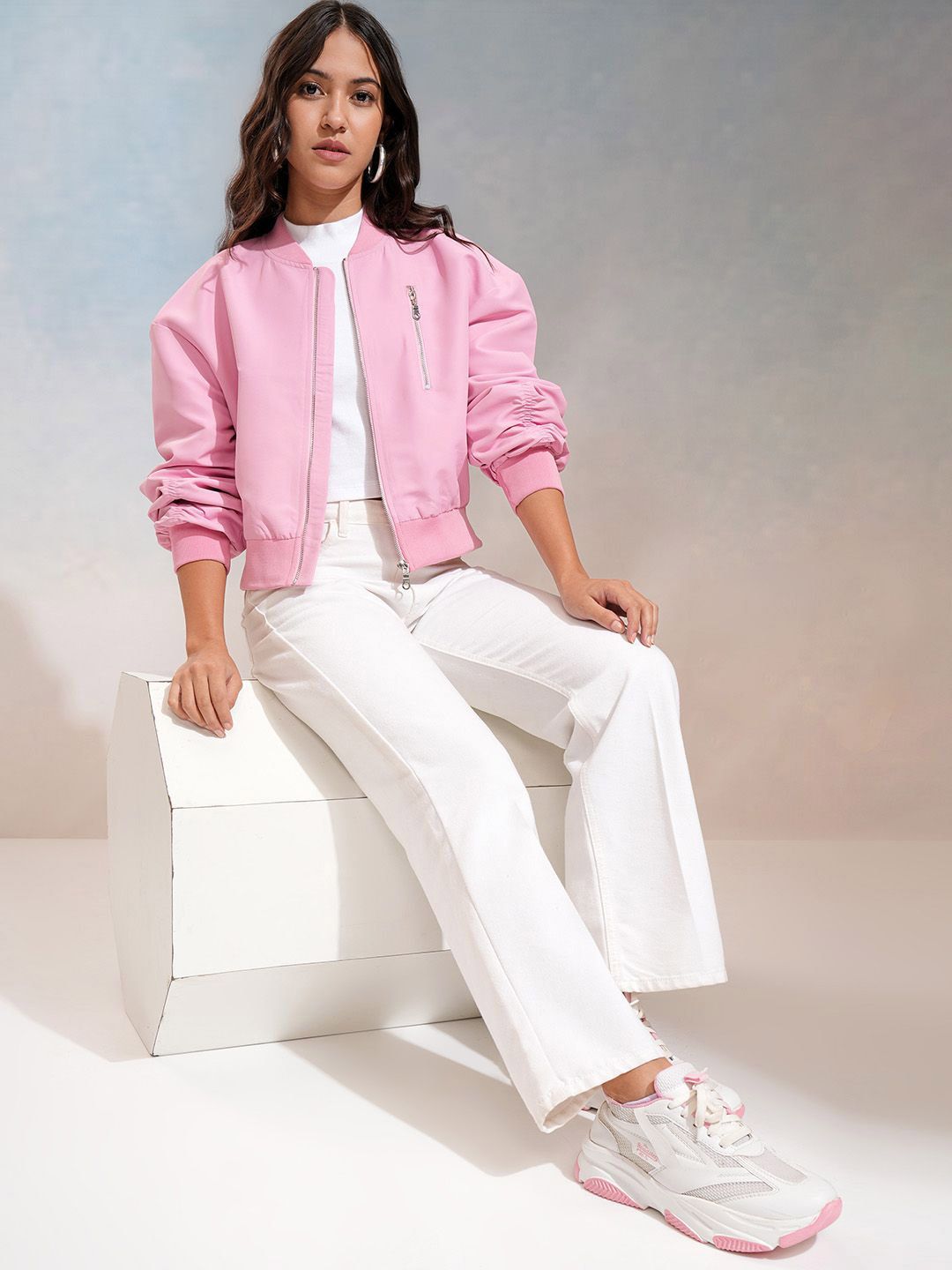 Tokyo Talkies Women Solid Zip Detailing Crop Bomber Jacket