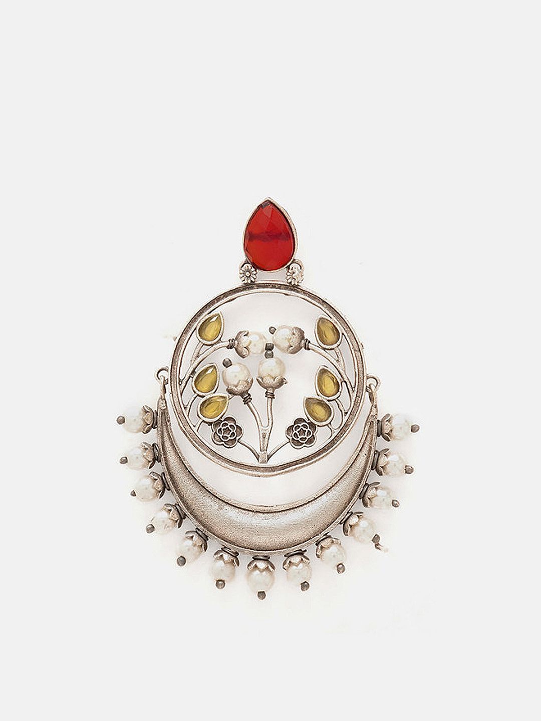 Priyaasi Silver-Plated Ruby Studded & Beaded Contemporary Oxidised Chandbalis Earrings