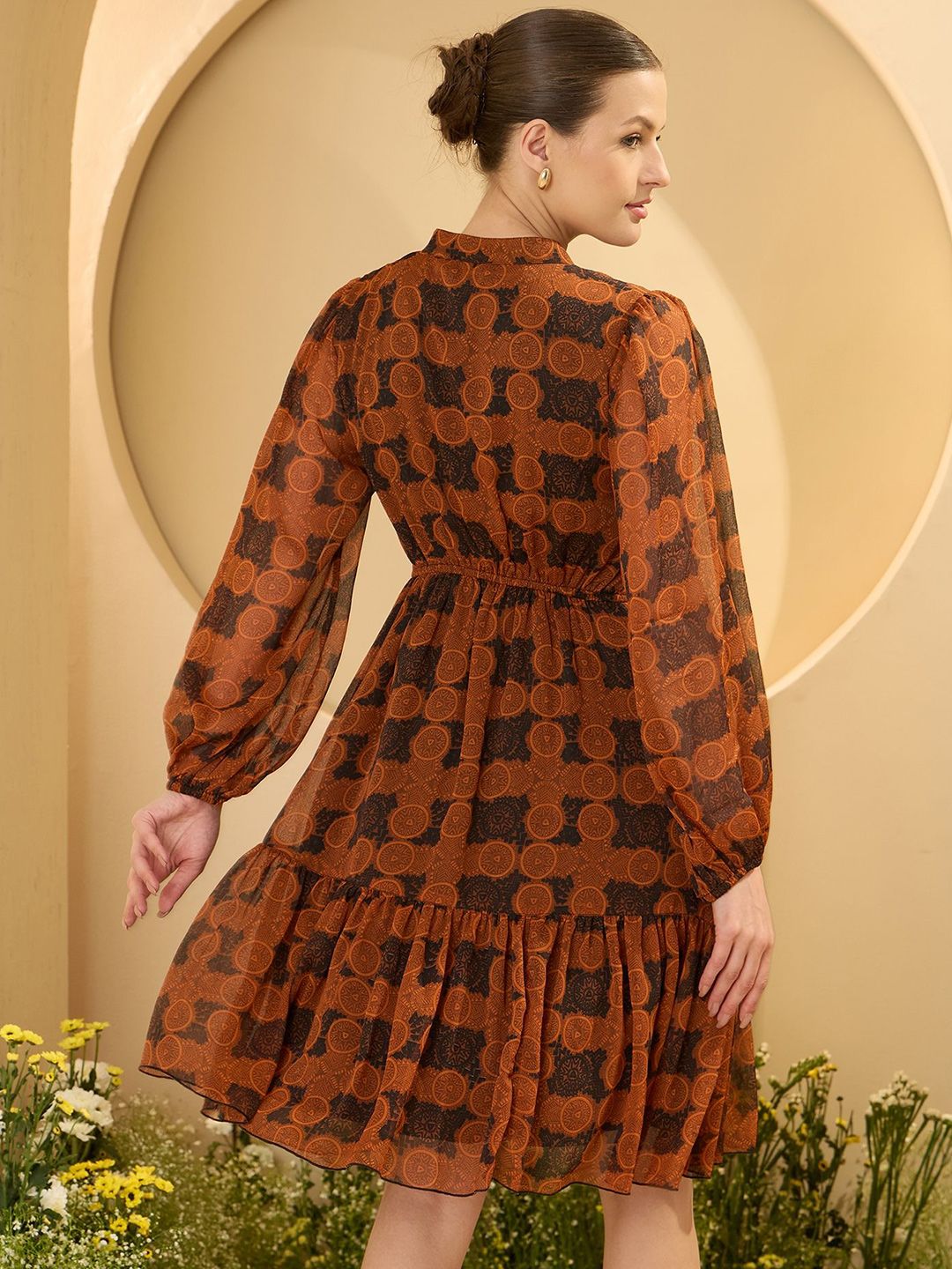 Antheaa Women Floral Print Bell Sleeve Chiffon A-Line Dress