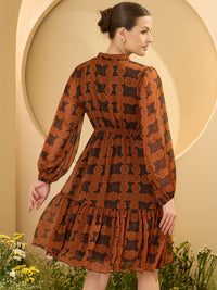 Antheaa Women Floral Print Bell Sleeve Chiffon A-Line Dress