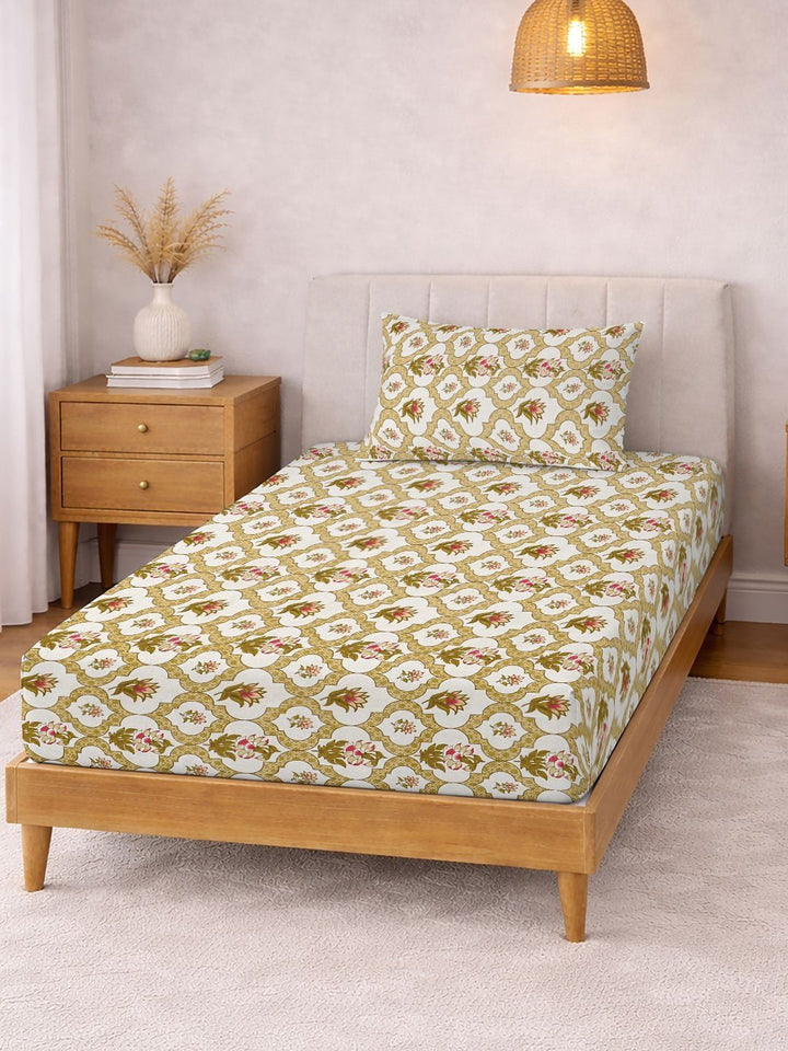 KLOTTHE Kuning & Hijau Bercetak 300 TC Cadar Single Dengan Sarung Bantal- 2.25 m x 1.5 m