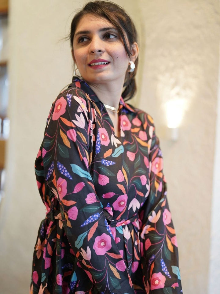 KALINI Women Floral Printed Fit & Flared Shirt Collar Above Knee Ethnic Dress