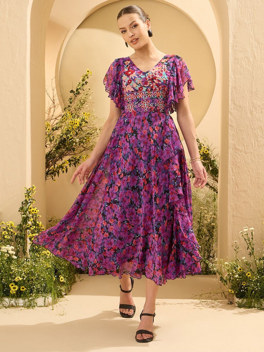 Antheaa Women embroidered & Floral Printed Flared Sleeves Fit and Flare Maxi Dress