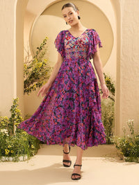 Antheaa Women embroidered & Floral Printed Flared Sleeves Fit and Flare Maxi Dress