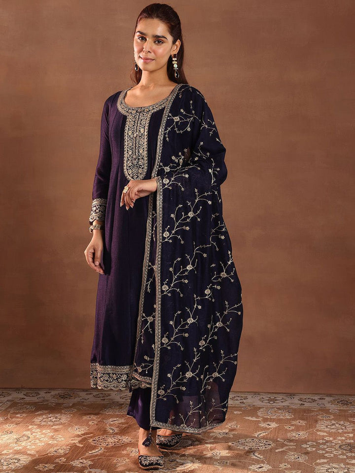 Libas Womens Purple Embroidered Anarkali Kurta With Trousers & Dupatta