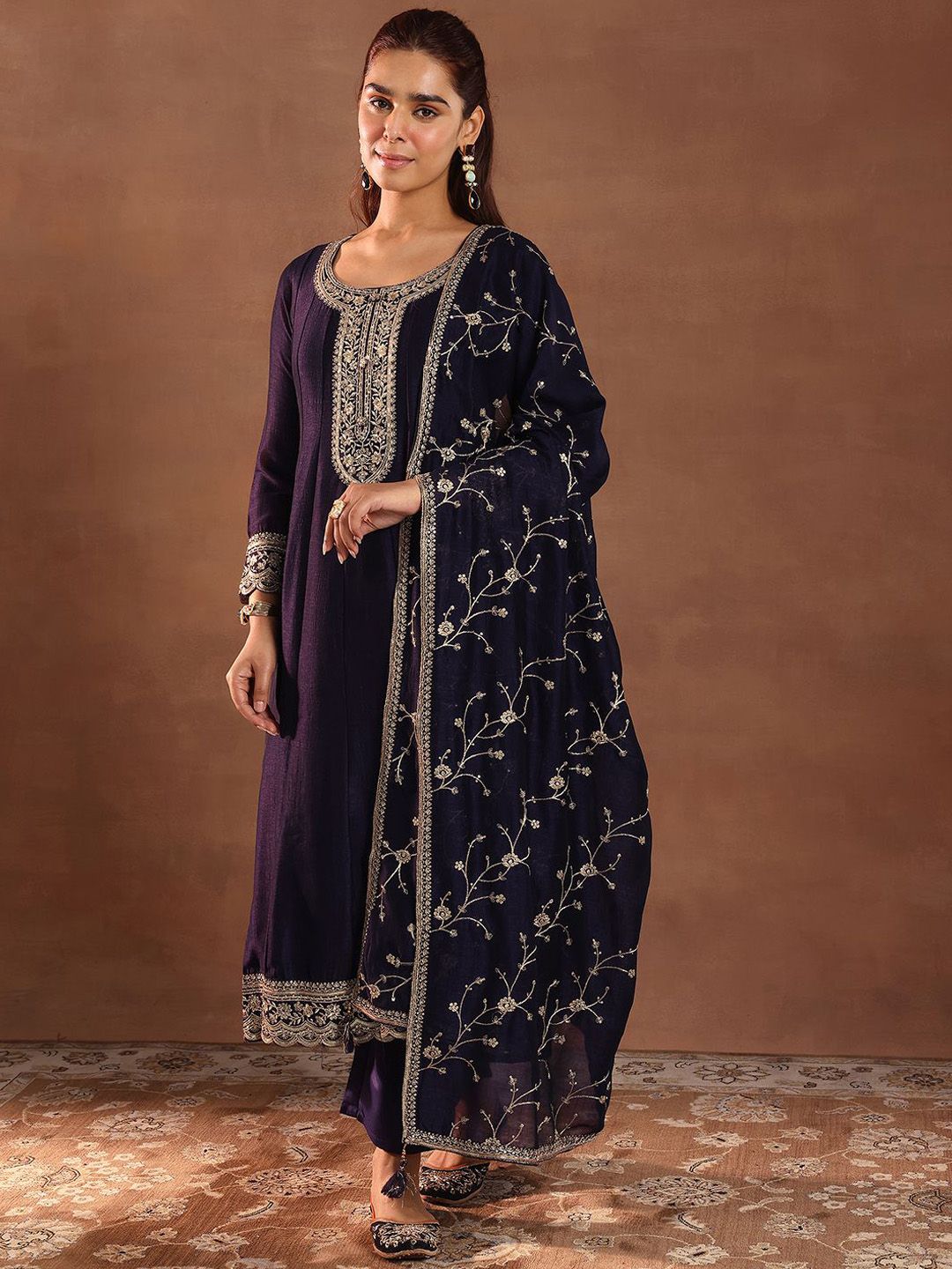 Libas Womens Purple Embroidered Anarkali Kurta With Trousers & Dupatta
