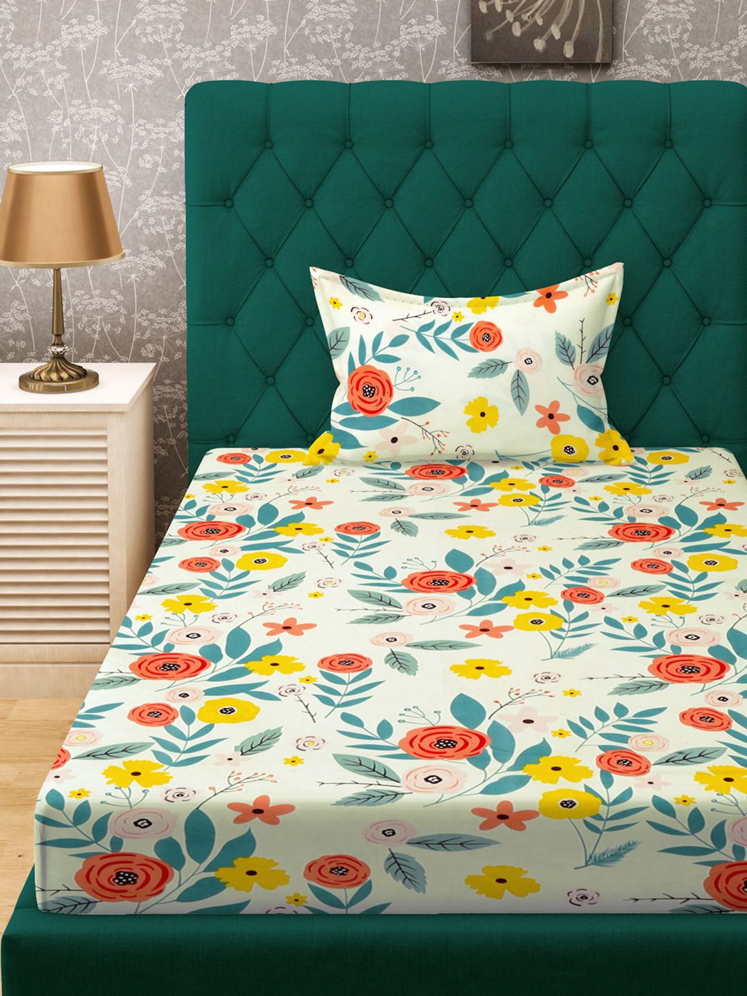 KLOTTHE White Floral Polycotton 300 TC Dilengkapi Cadar Bujang Halus dengan Sarung Bantal-87 x 59 inci