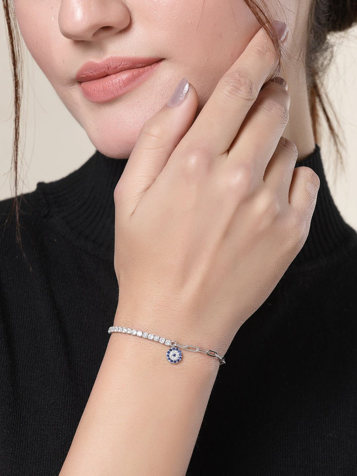 PANASH 925 Sterling Silver Rhodium-Plated Cubic Zirconia Studded Charms Bracelet