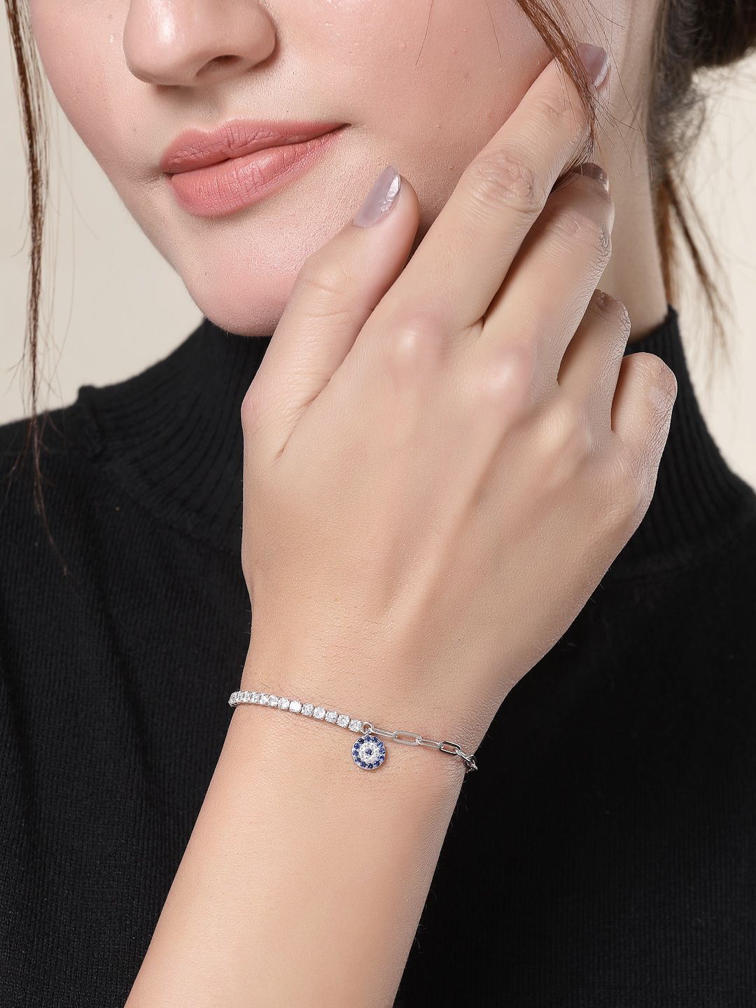 PANASH 925 Sterling Silver Rhodium-Plated Cubic Zirconia Studded Charms Bracelet