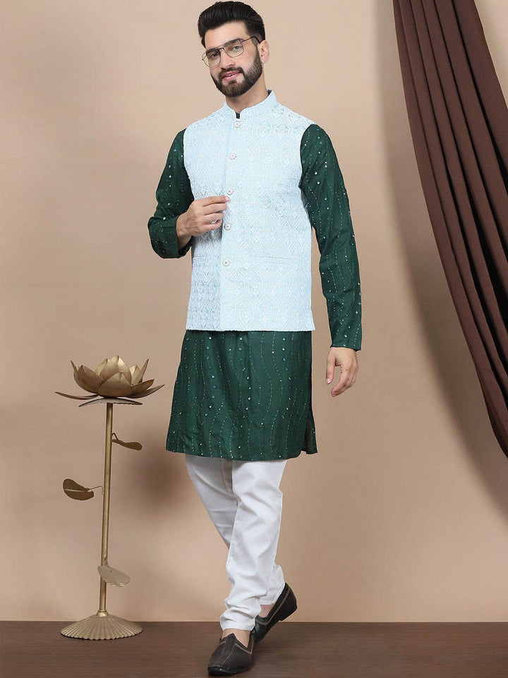 Anouk Green Floral Embroidered Straight Sequinned Pure Cotton Kurta with Churidar