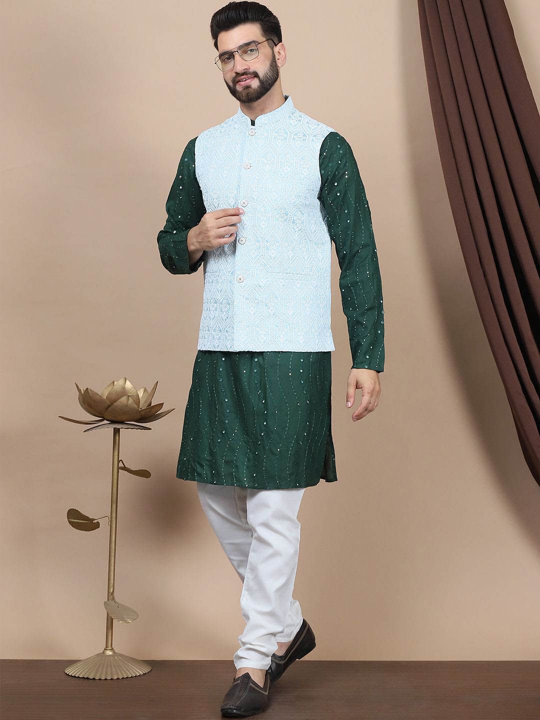 Anouk Green Floral Embroidered Straight Sequinned Pure Cotton Kurta with Churidar