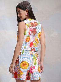 ESPYR By Tokyo Talkies V-Neck Printed Pure Cotton Waistcoat With Shorts