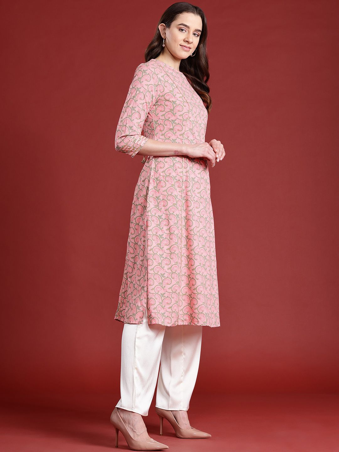 Anouk Floral Printed Back Tie-Up Embellish Detail Kurta