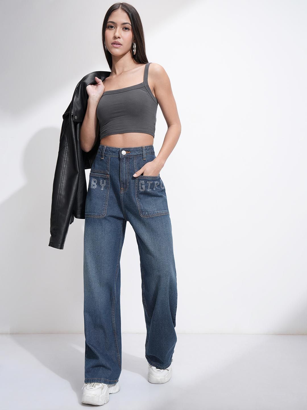 Street By Tokyo Talkies Women Rhinestone High Rise Wideleg Jeans
