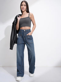 Street By Tokyo Talkies Women Rhinestone High Rise Wideleg Jeans
